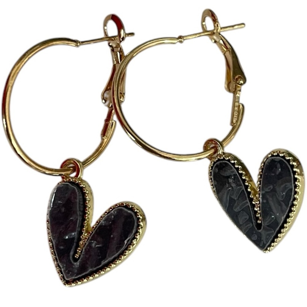 Heart Dangly Hoop Earrings Gold Black